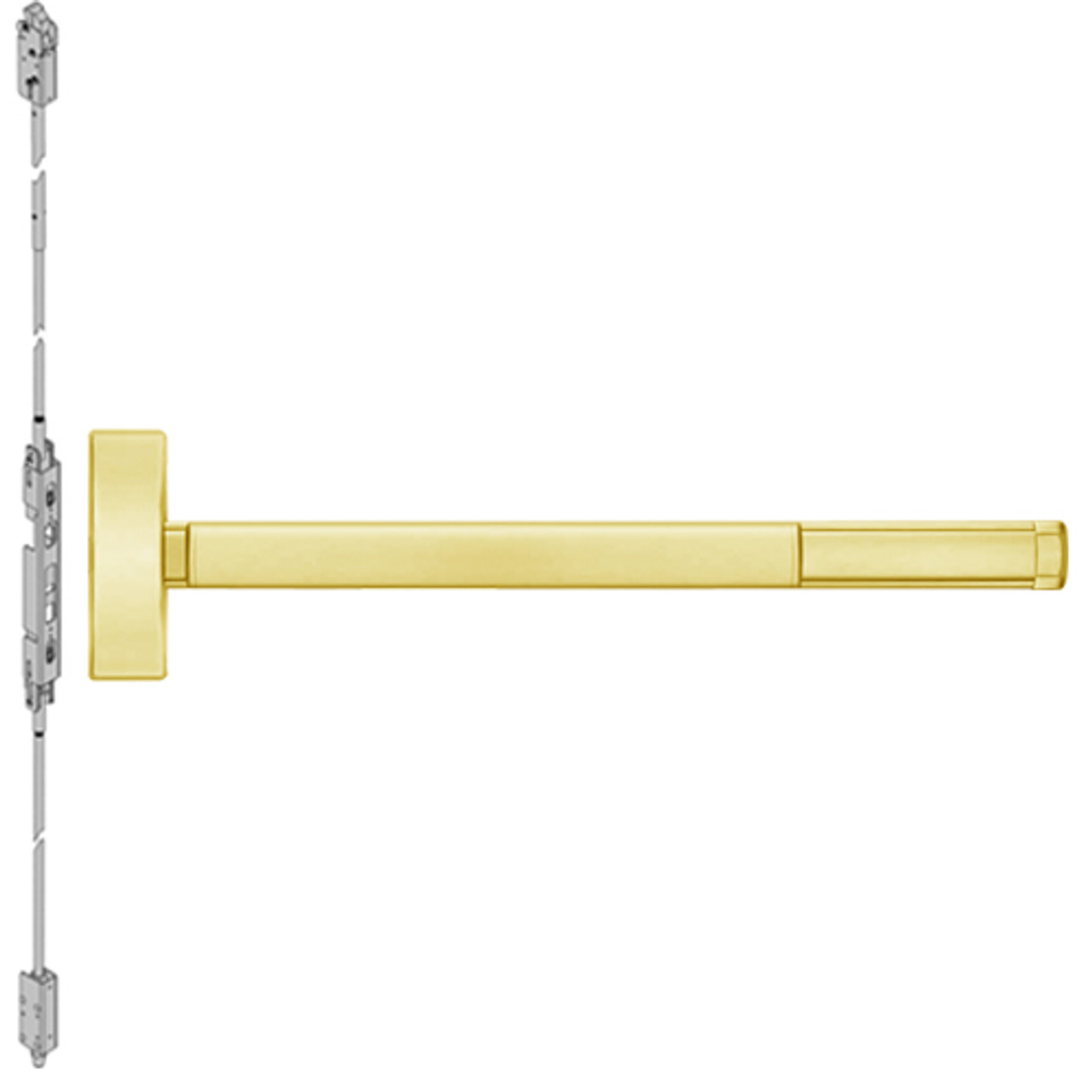 2814-605-48 PHI 2800 Series Non Fire Rated Concealed Vertical Rod Exit Device Prepped for Lever-Knob Always Active in Bright Brass Finish