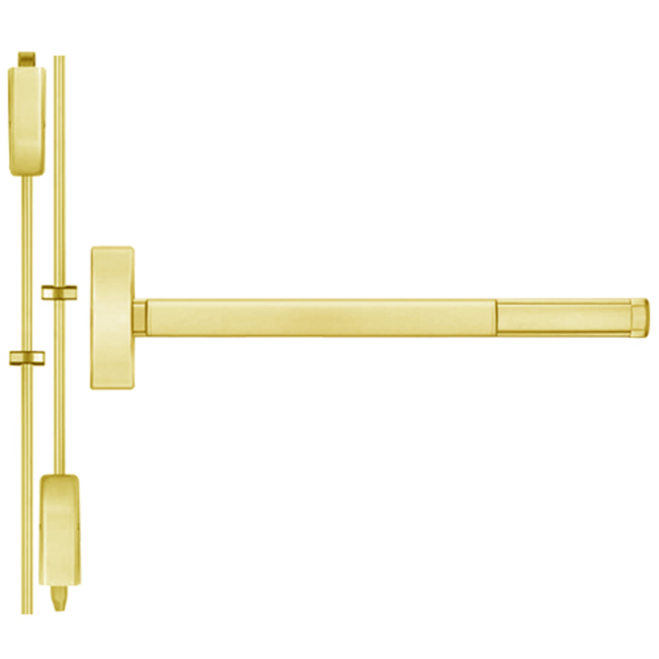 2214LBRCD-605-48 PHI 2200 Series Non Fire Rated Apex Surface Vertical Rod Device Prepped for Lever-Knob Always Active in Bright Brass Finish