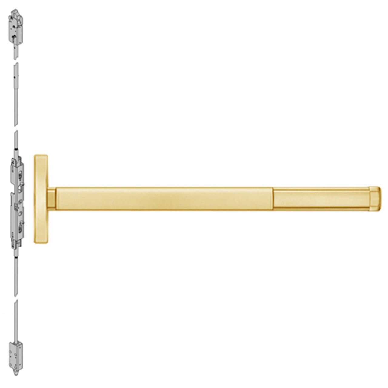 DE2614-605-36 PHI 2600 Series Concealed Vertical Rod Exit Device with Delayed Egress Prepped for Lever Always Active in Bright Brass Finish