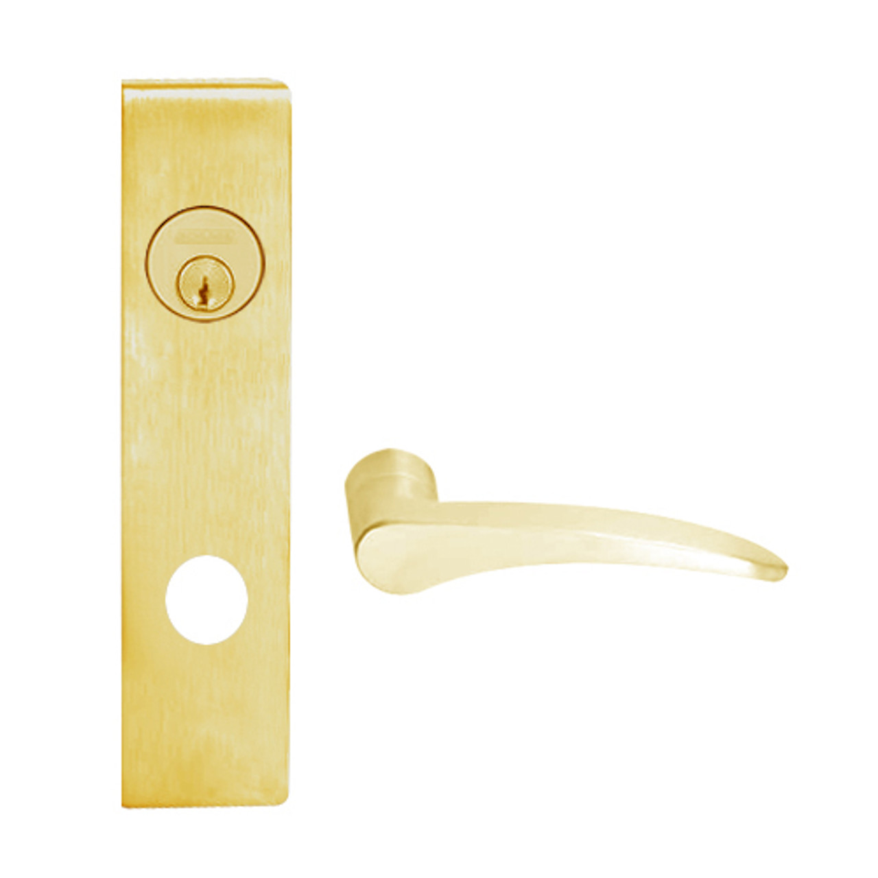 L9080P-12L-605-LH Schlage L Series Storeroom Commercial Mortise Lock with 12 Cast Lever Design in Bright Brass