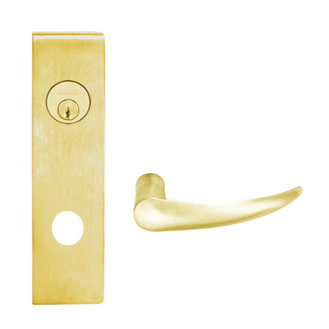 L9480P-OME-N-606 Schlage L Series Storeroom with Deadbolt Commercial Mortise Lock with Omega Lever Design in Satin Brass
