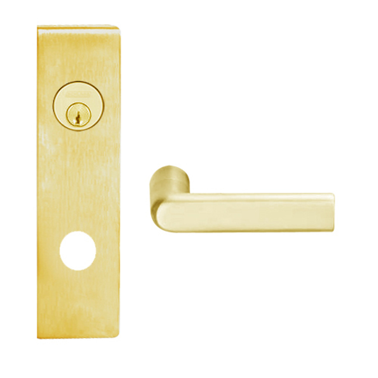 L9050L-01N-605 Schlage L Series Less Cylinder Entrance Commercial Mortise Lock with 01 Cast Lever Design in Bright Brass