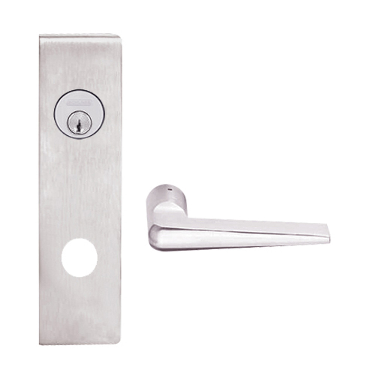 L9050L-05N-629 Schlage L Series Less Cylinder Entrance Commercial Mortise Lock with 05 Cast Lever Design in Bright Stainless Steel