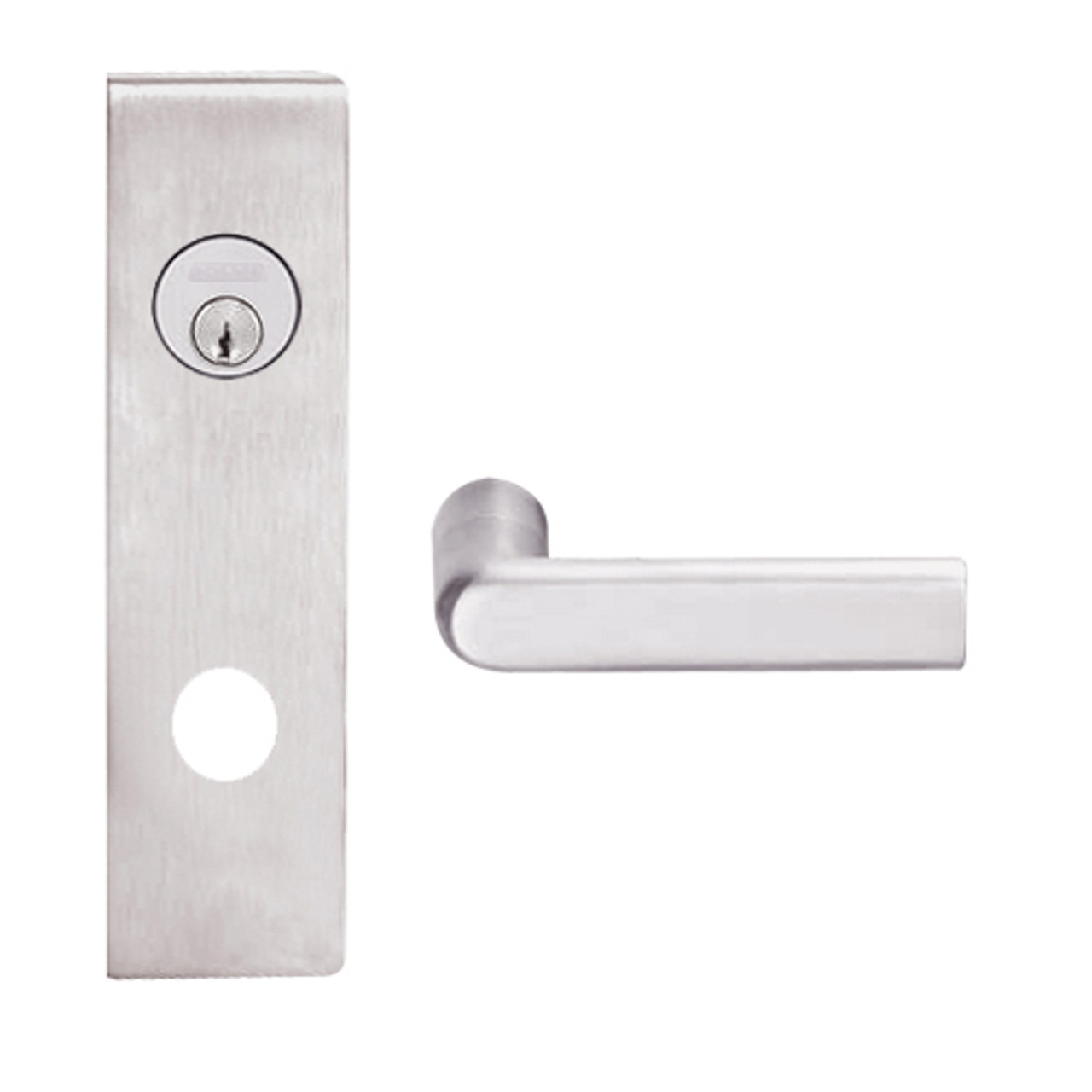 L9080L-01N-629 Schlage L Series Less Cylinder Storeroom Commercial Mortise Lock with 01 Cast Lever Design in Bright Stainless Steel