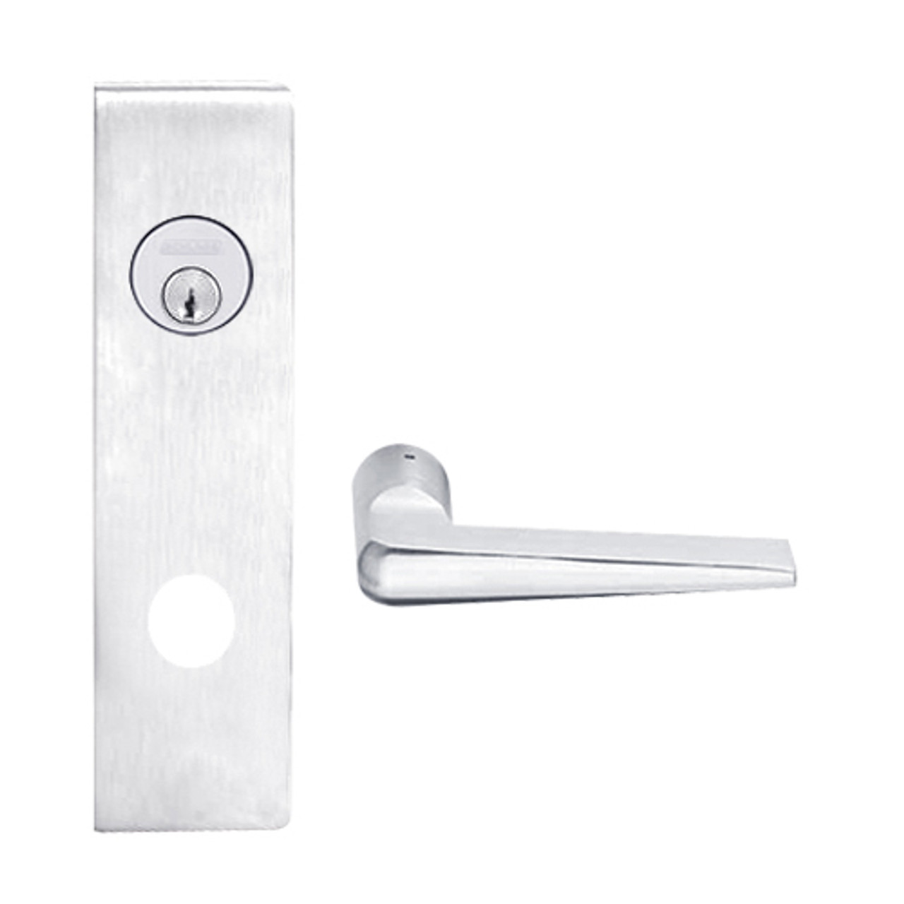 L9080L-05N-625 Schlage L Series Less Cylinder Storeroom Commercial Mortise Lock with 05 Cast Lever Design in Bright Chrome