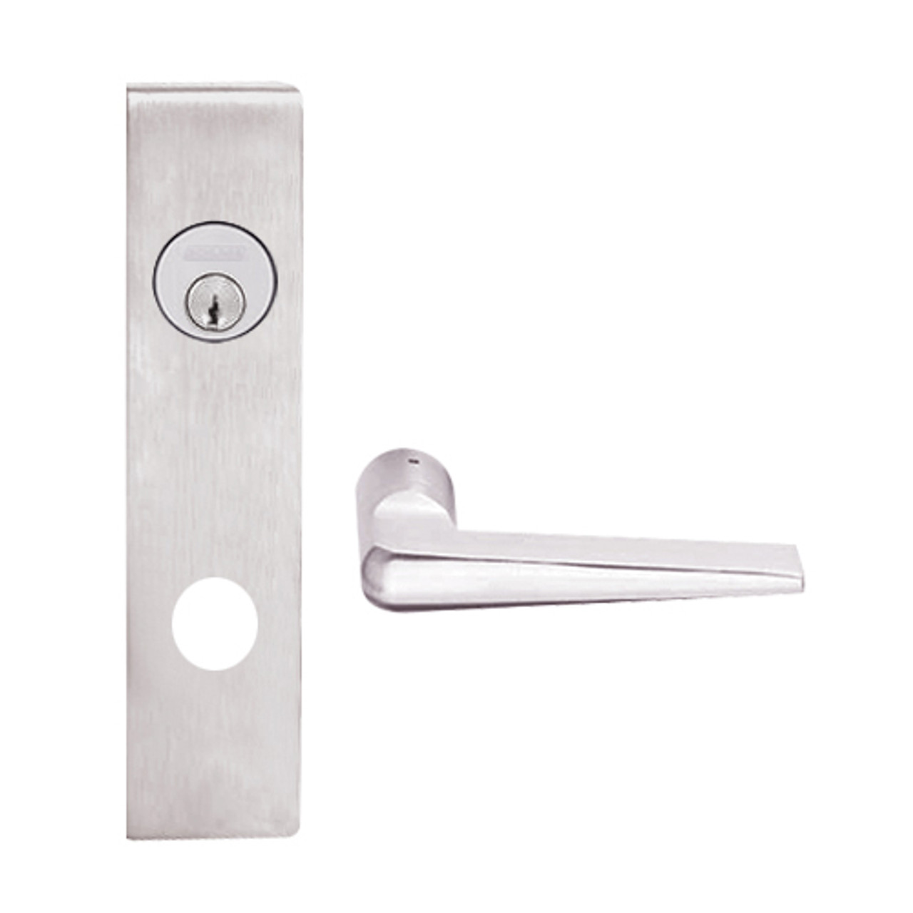 L9080L-05L-629 Schlage L Series Less Cylinder Storeroom Commercial Mortise Lock with 05 Cast Lever Design in Bright Stainless Steel