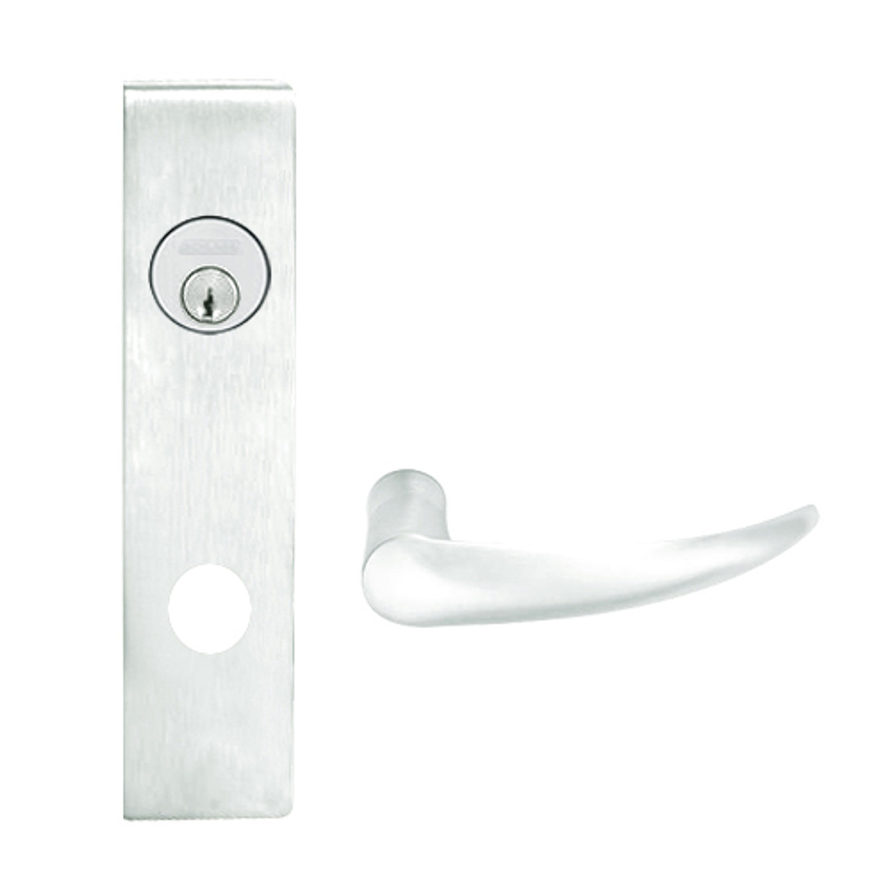 L9026P-OME-L-619 Schlage L Series Exit Lock with Cylinder Commercial Mortise Lock with Omega Lever Design in Satin Nickel