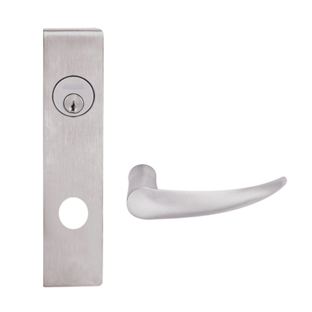 L9026L-OME-L-630 Schlage L Series Less Cylinder Exit Lock with Cylinder Commercial Mortise Lock with Omega Lever Design in Satin Stainless Steel