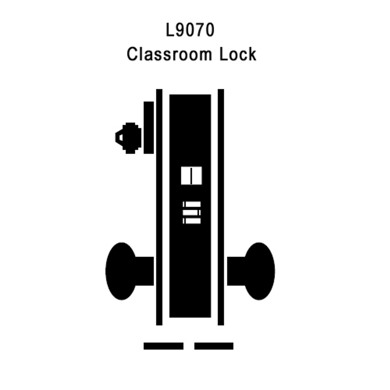 L9070R-OME-B-629, Schlage Classroom, Mortise Lock, Omega Lever, B Rose, FSIC Prep, Bright Stainless Steel Finish