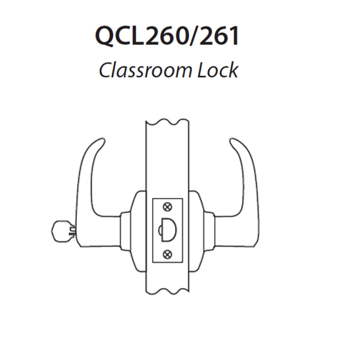 QCL260E605S8NOSLC Stanley QCL200 Series Less Cylinder Classroom Lock with Sierra Lever in Bright Brass QCL260E605S8NOSLC Stanley QCL200 Series Less Cylinder Classroom Lock with Sierra Lever in Bright Brass