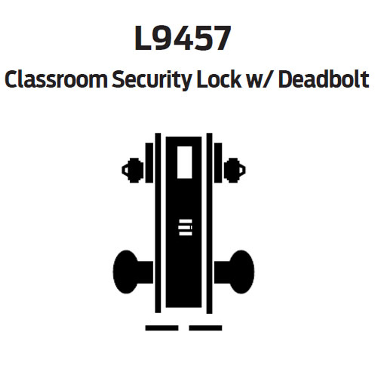 L9457P-02A-625 Schlage L Series Classroom Security w/Deadbolt Commercial Mortise Lock with 02 Cast Lever Design in Bright Chrome