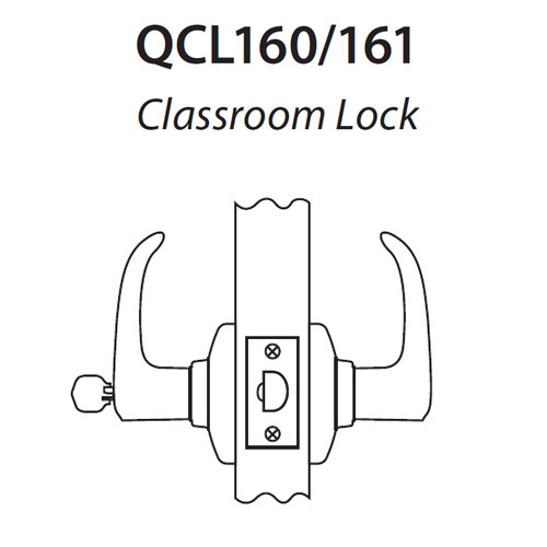 QCL161E625S4118FLC Stanley QCL100 Series Less Cylinder Classroom Lock with Sierra Lever Prepped for SFIC in Bright Chrome
