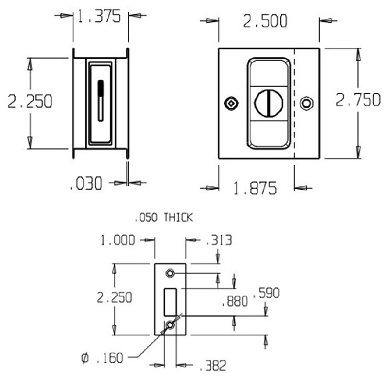 PDL-101-609 Don Jo Pocket Door Lock Dimensional View