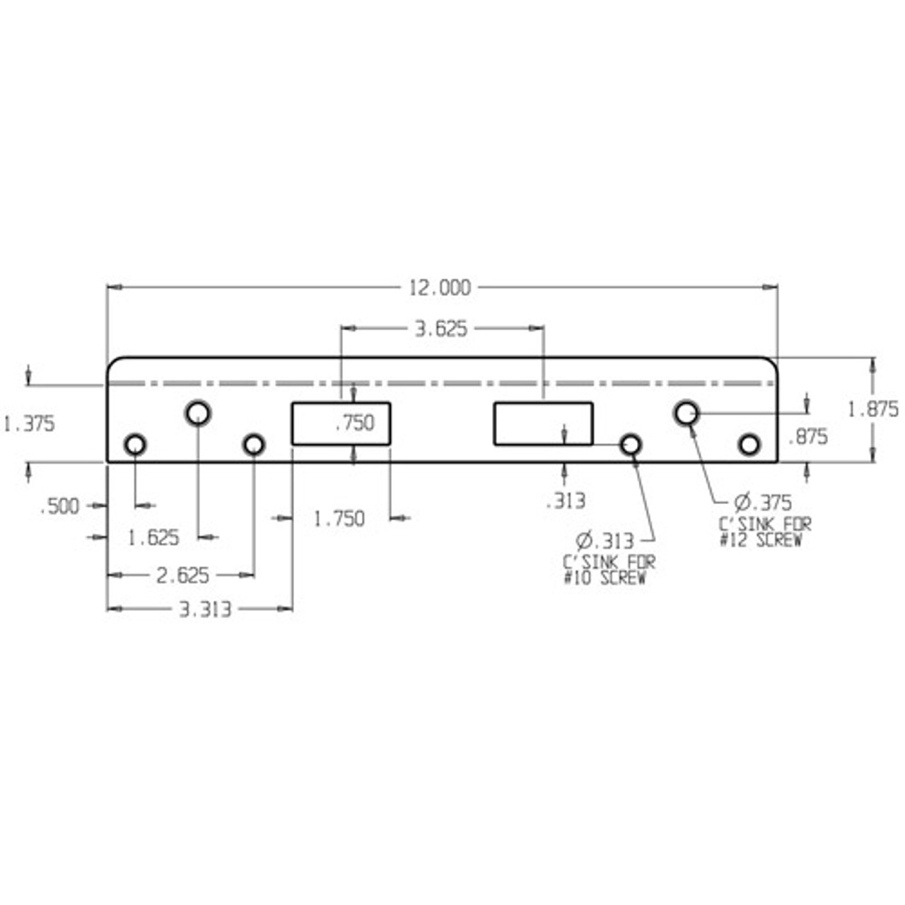 FL-212N4-BP Don Jo 12" Security Strike Plate Dimensional View