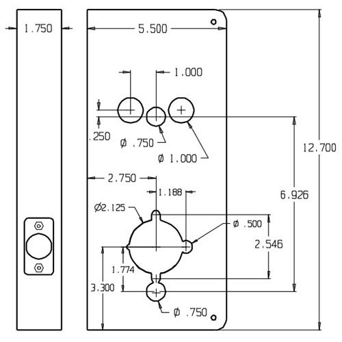 93-KV-S-CW Don Jo Wrap-Around Plate for Best 93-KV Locks and Mas-Hamilton Power Levers Dimensional View