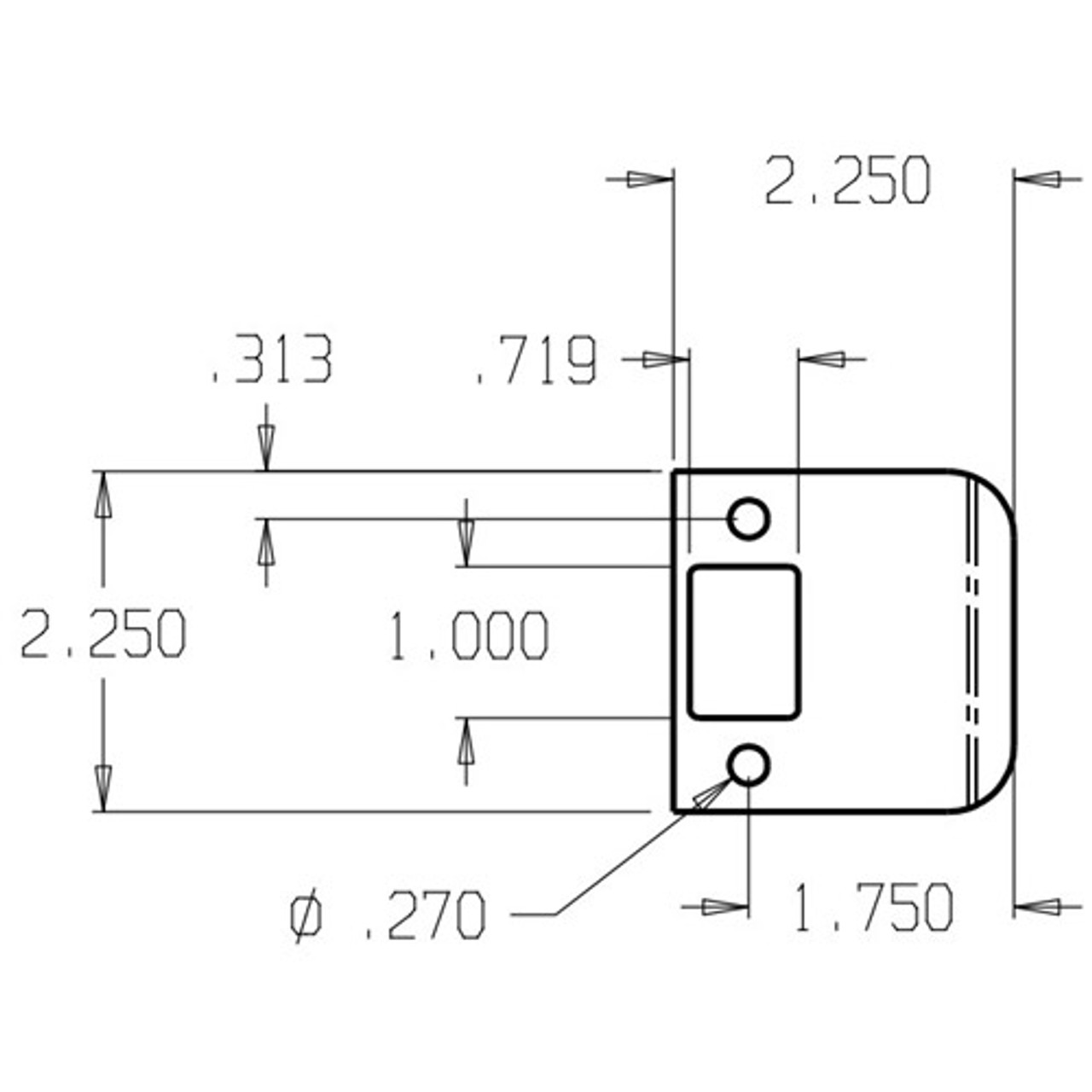 9175-619 Don Jo 2-1/4" Extended Lip Strike Dimensional View