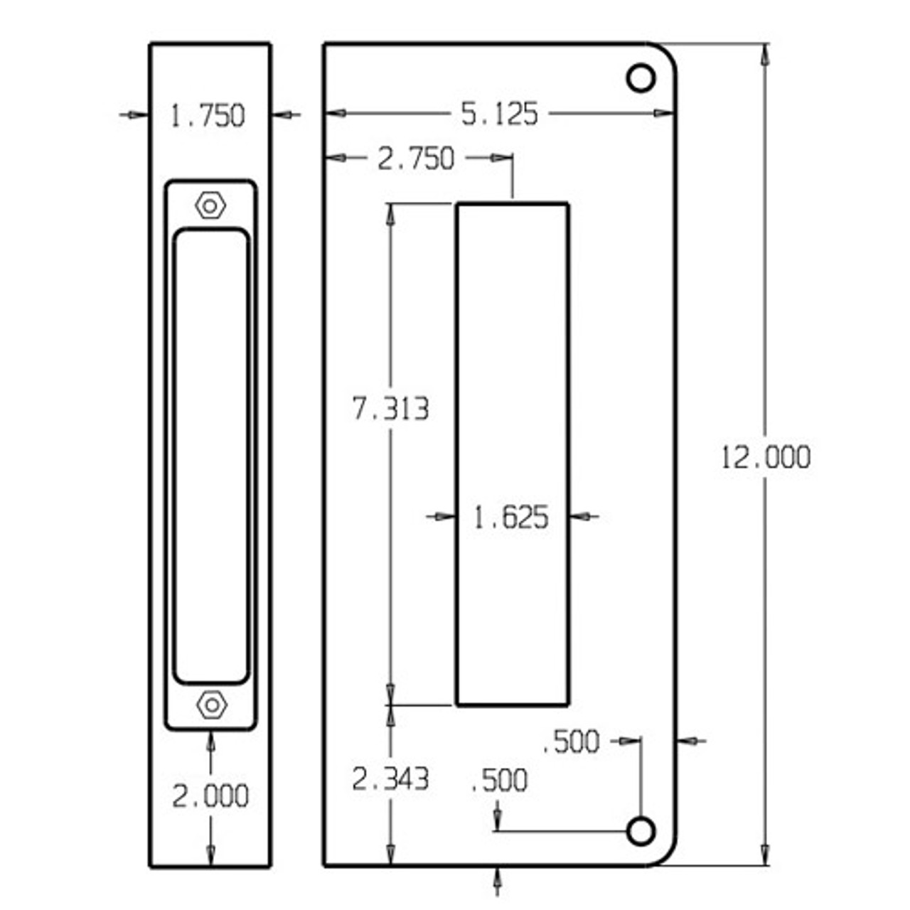 514-PB-CW Don Jo Mortise Lock Wrap-around Plate Dimensional View