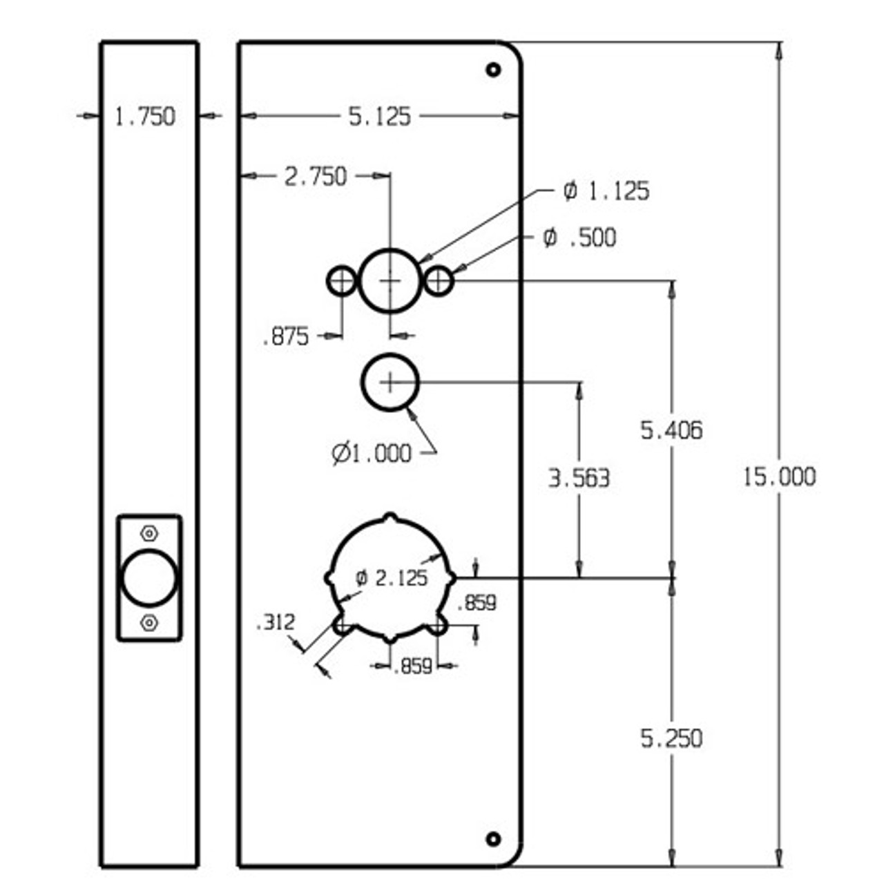 5000-S-CW Don Jo Wrap-Around Plate for Kaba/Simplex 5000 Series Dimensional View