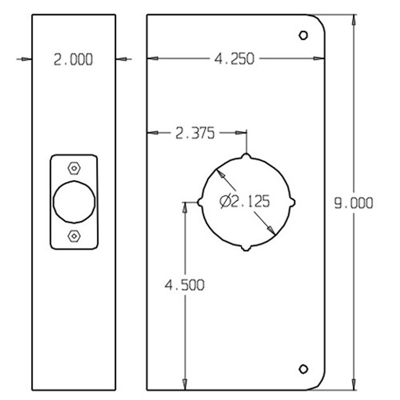 200C-PB-CW Don Jo Wrap-Around Plate for Thicker Doors Dimensional View