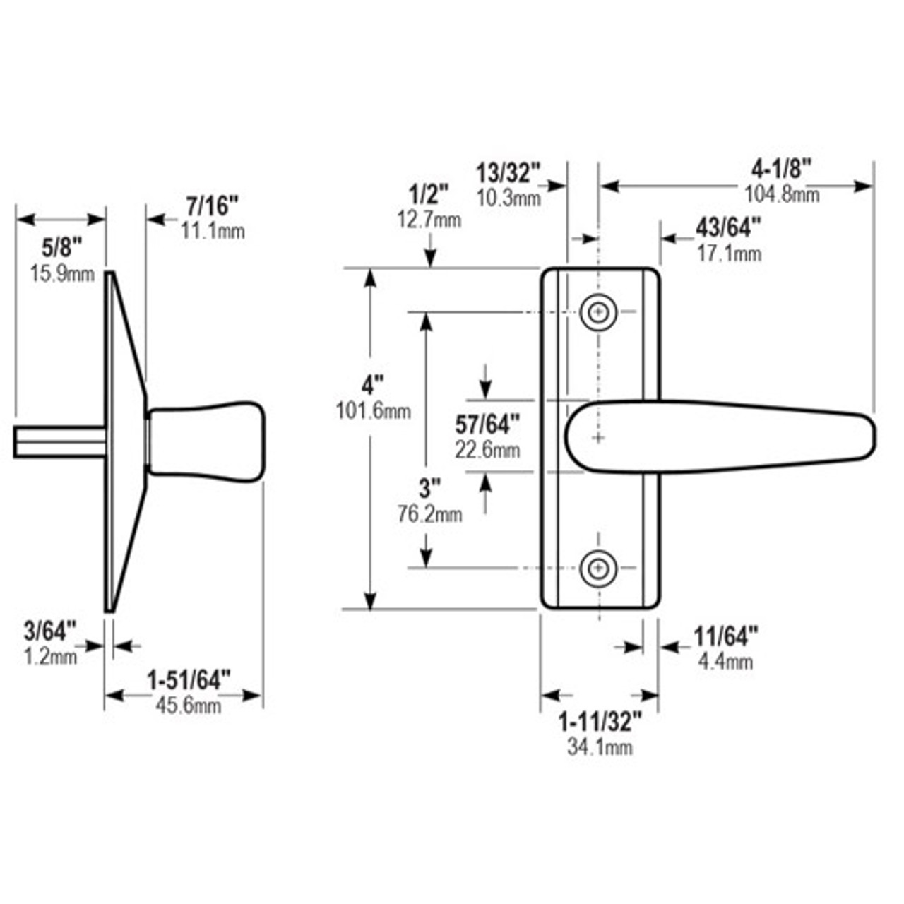 4560-501-119 Adams Rite Deadlatch Handle Dimensional View