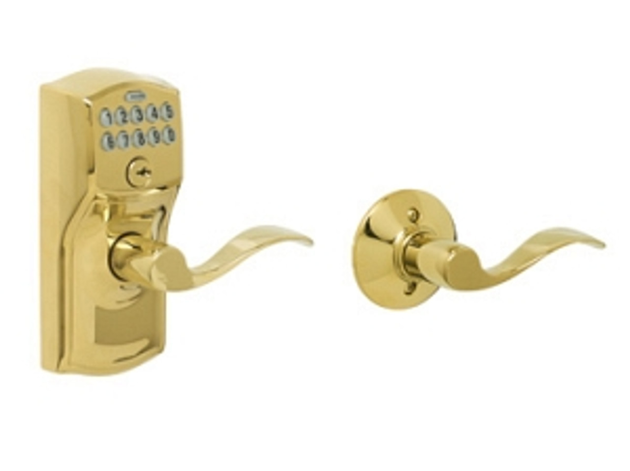 FE575-CAM-505-ACC Schlage Keypad Entry Auto-locks Series - Camelot Style Lock with Accent Lever in Ultima Bright Brass