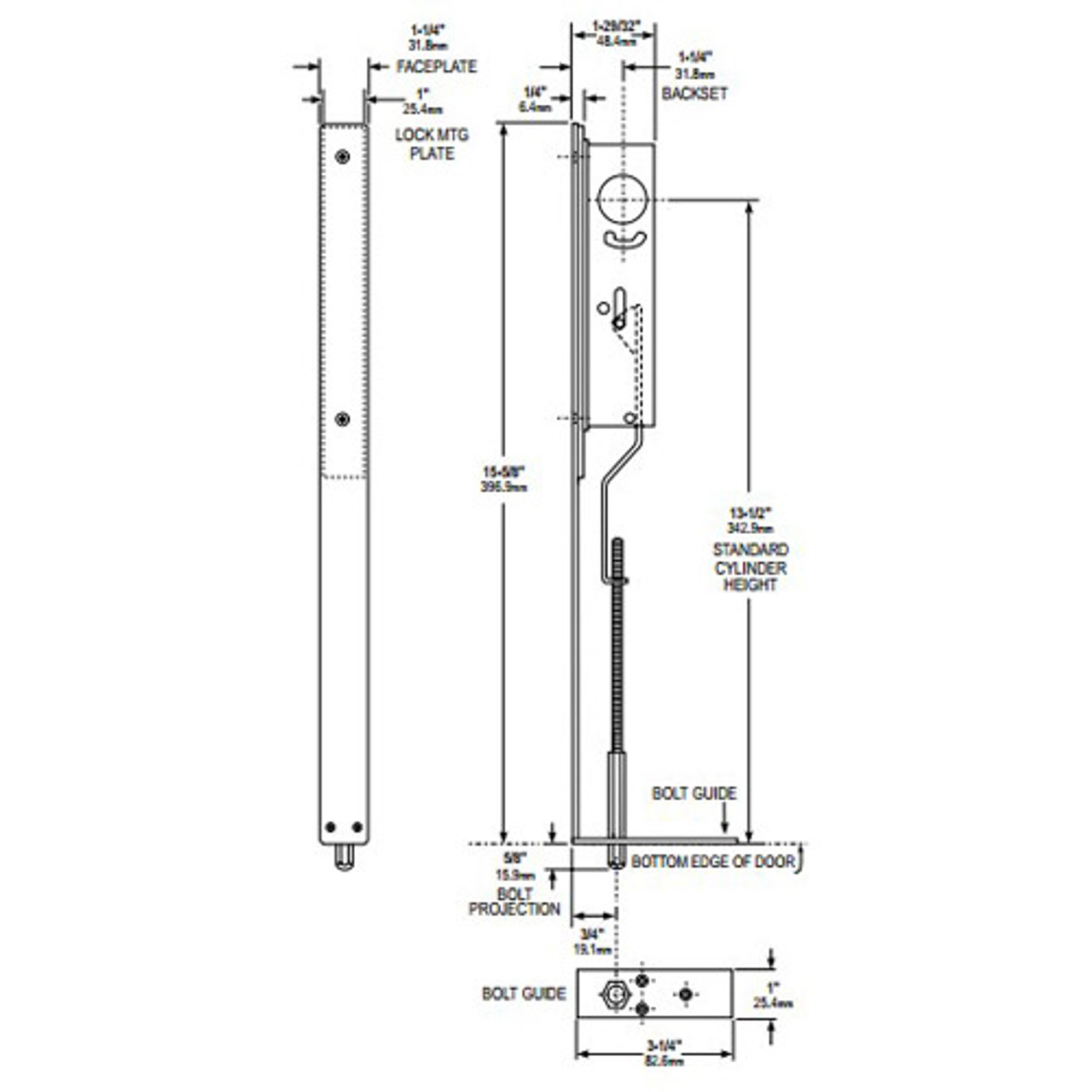 1877-313 Adams Rite Flushbolt Dimensional View