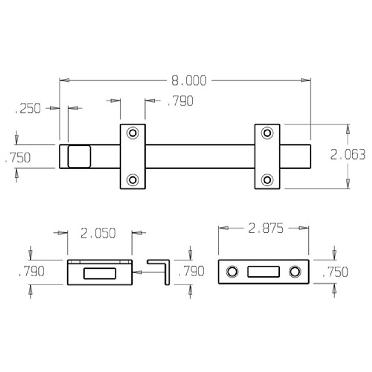 1580-605 Don Jo Surface Bolt with 8" bolt length