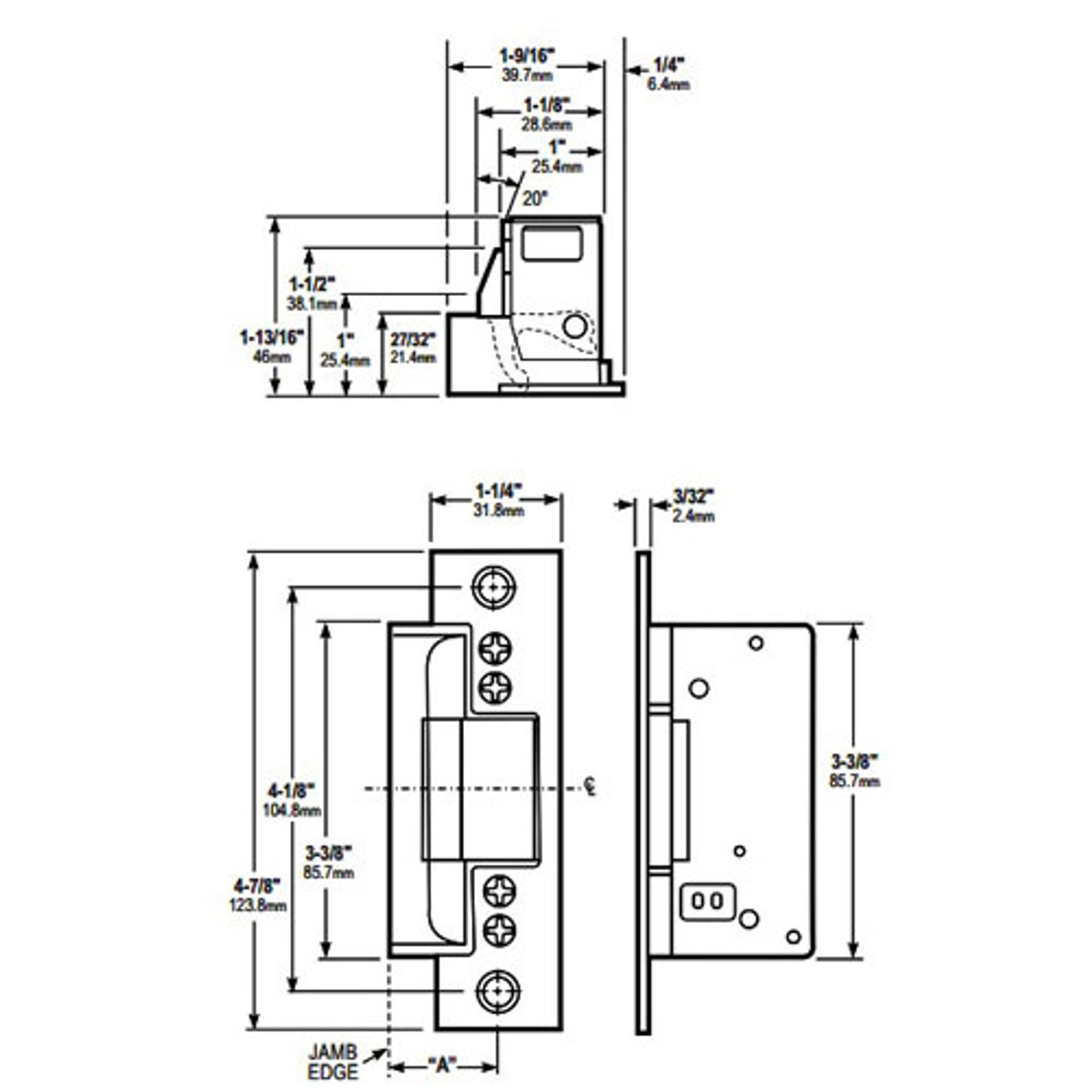 7170-540-335-50 Adams Rite Electric Strike Dimensional View