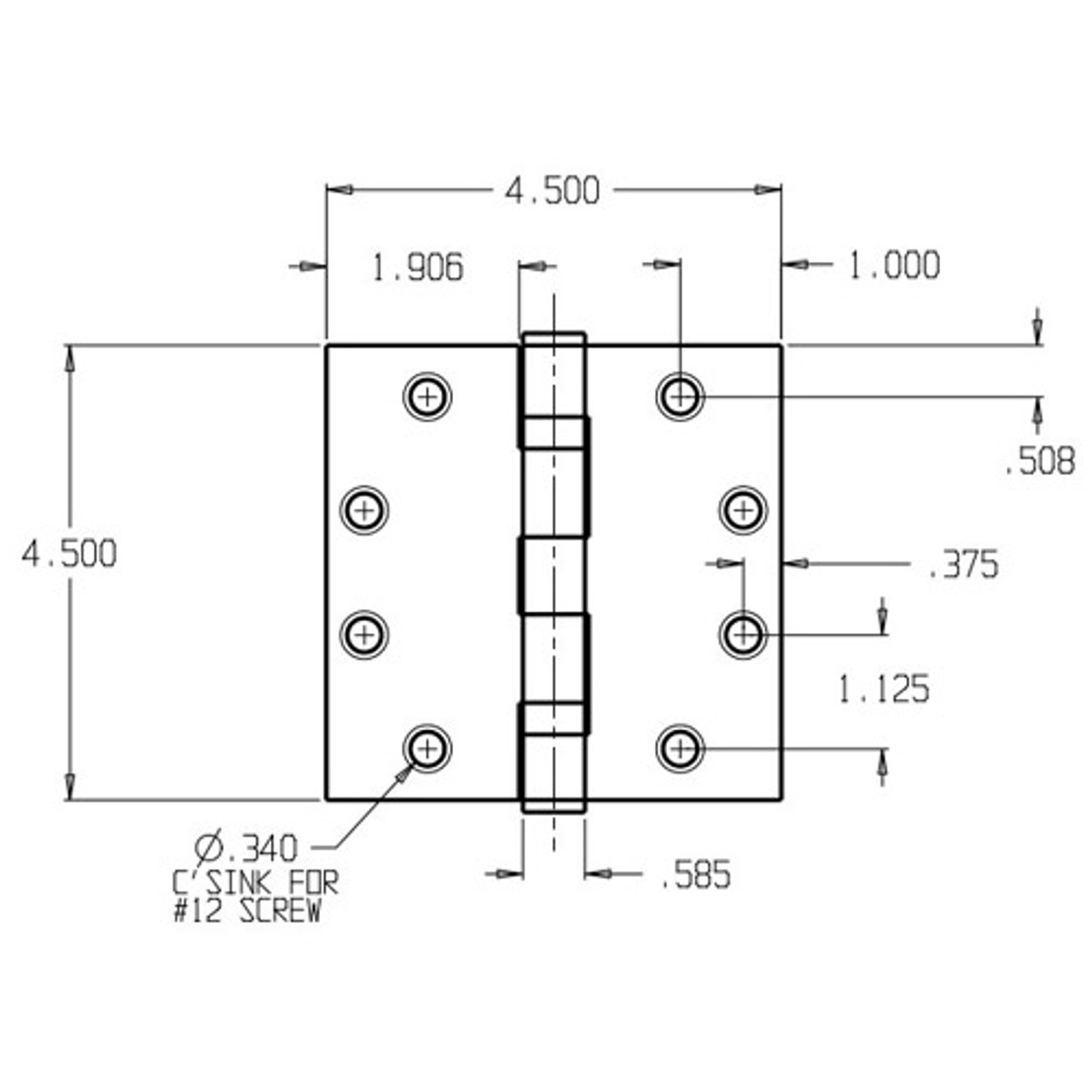 PB74545-600 Don Jo Full Mortise Plain Bearing Dimensional View