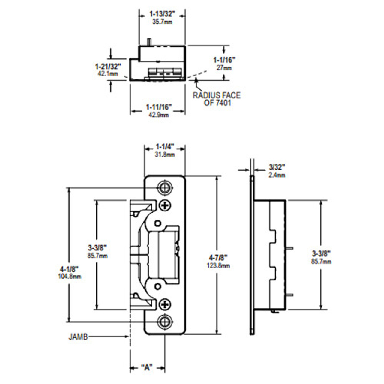 7401-M-121 Adams Rite Electric Strike Dimensional View
