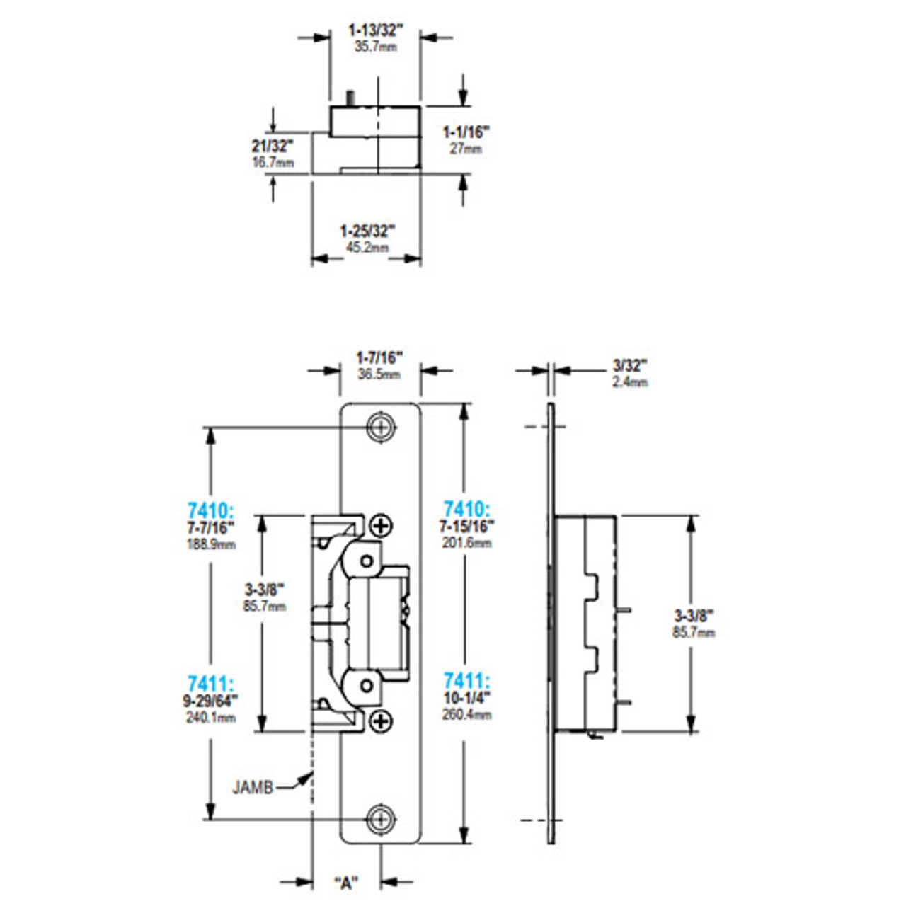 7411-M-630 Adams Rite Electric Strike Dimensional View