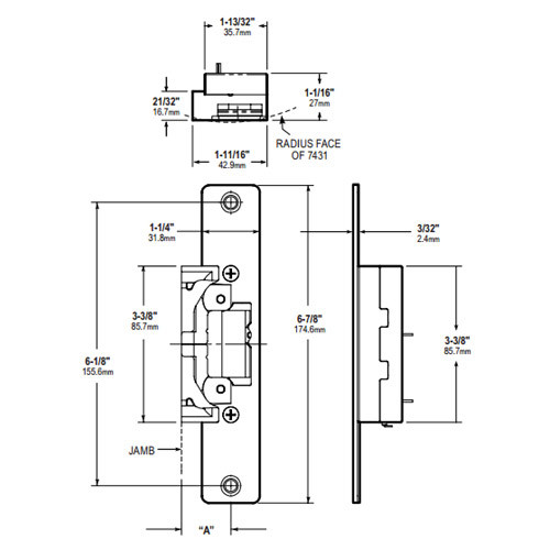 7430-628 Adams Rite Electric Strike Dimensional View