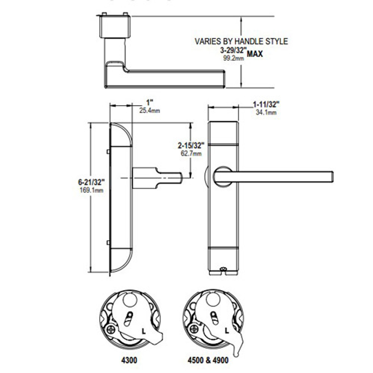 4600-01-622-US32 Adams Rite Heavy Duty Curve Deadlatch Handles Dimensional View