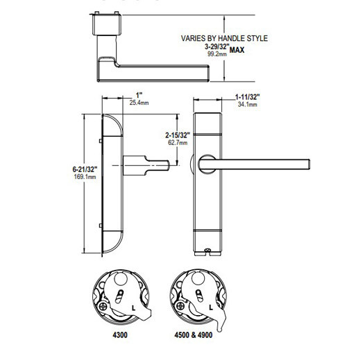 4600-03-642-US32D Adams Rite Heavy Duty Square Deadlatch Handles Dimensional View