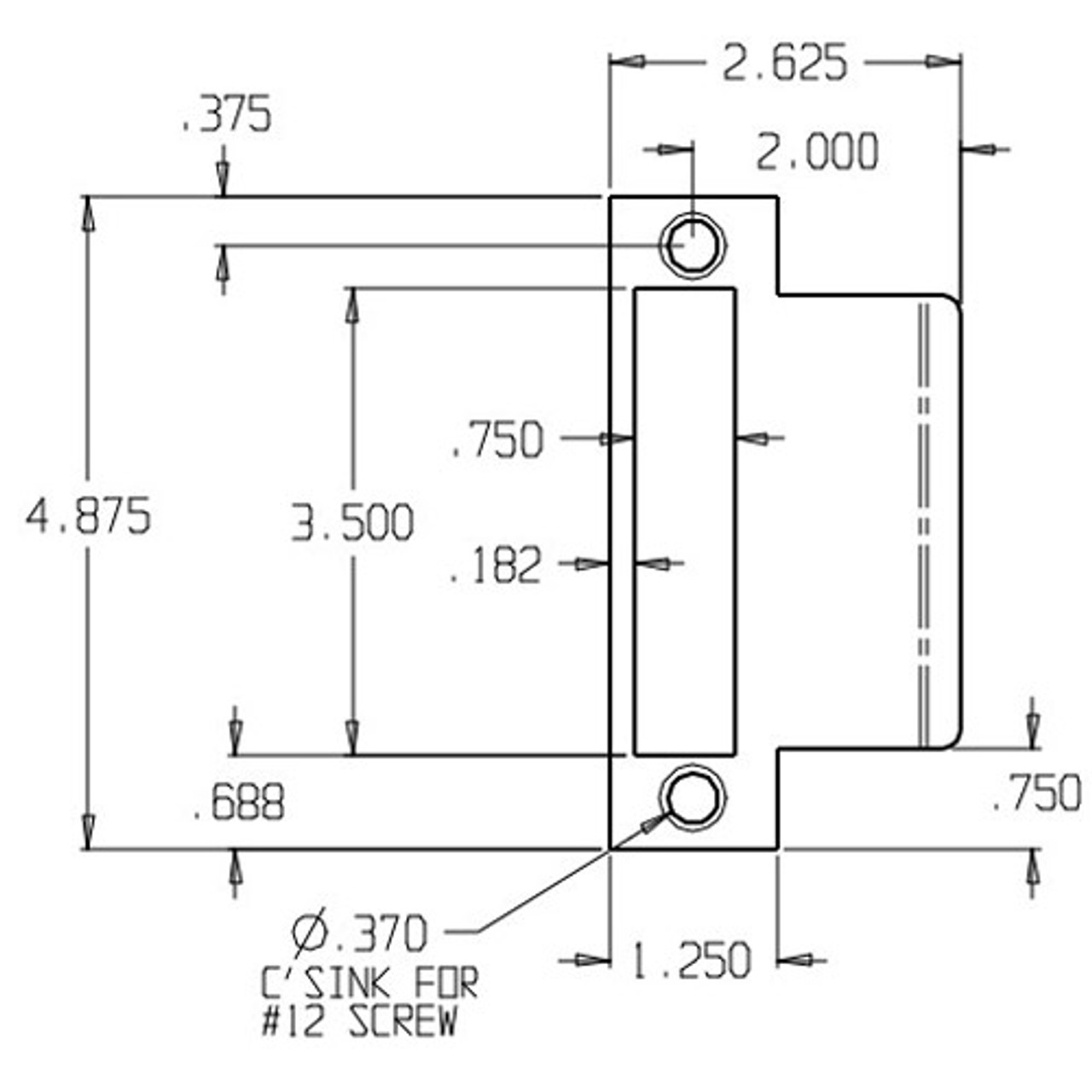 MEST-102-630 Don Jo Mortise Type Extended Lip ANSI Strike Dimensional View