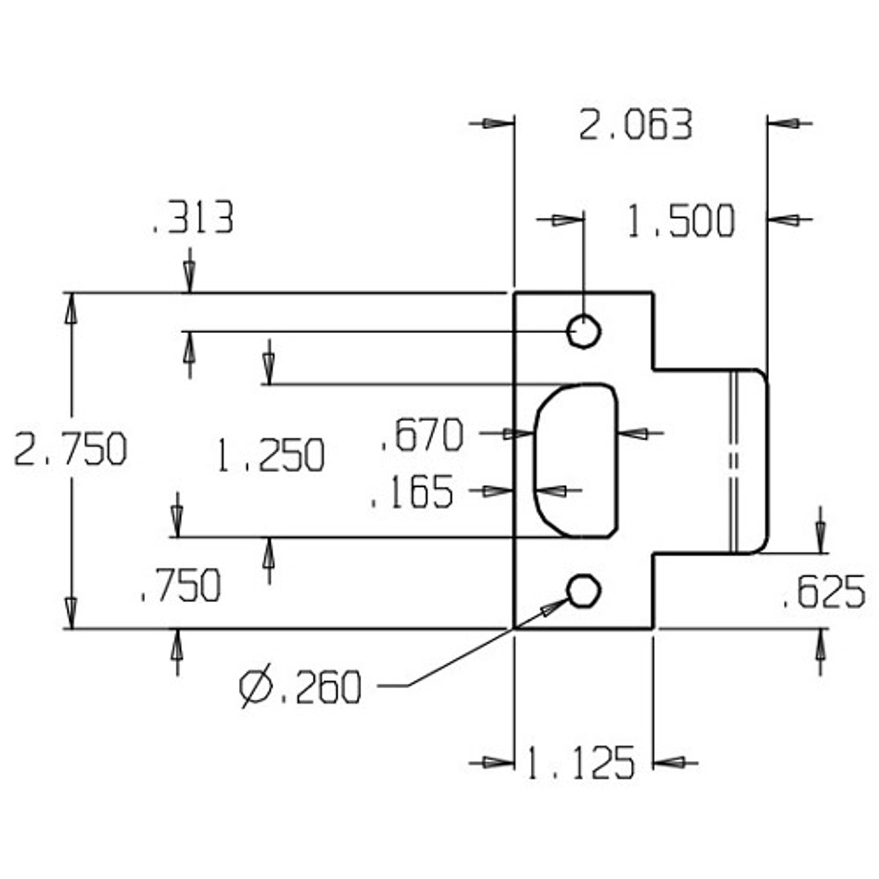 T9115-609 Don Jo 2-3/4" Extended Lip T-Strike Dimensional View