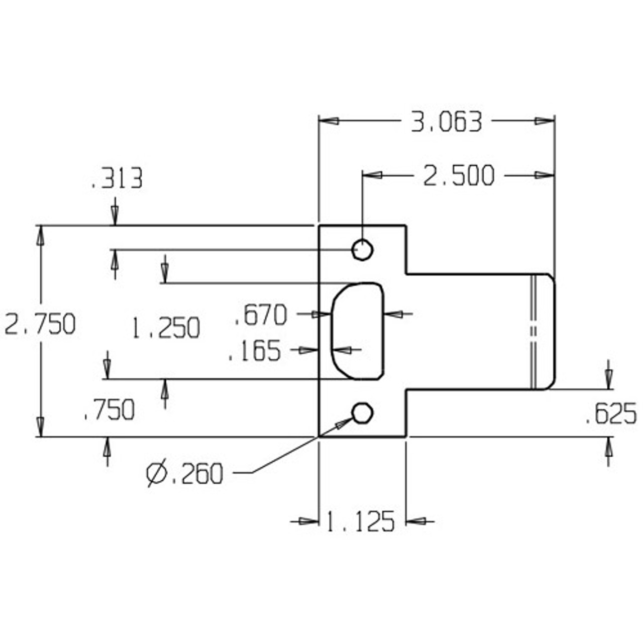 T9125-605 Don Jo 2-3/4" Extended Lip T-Strike Dimensional View