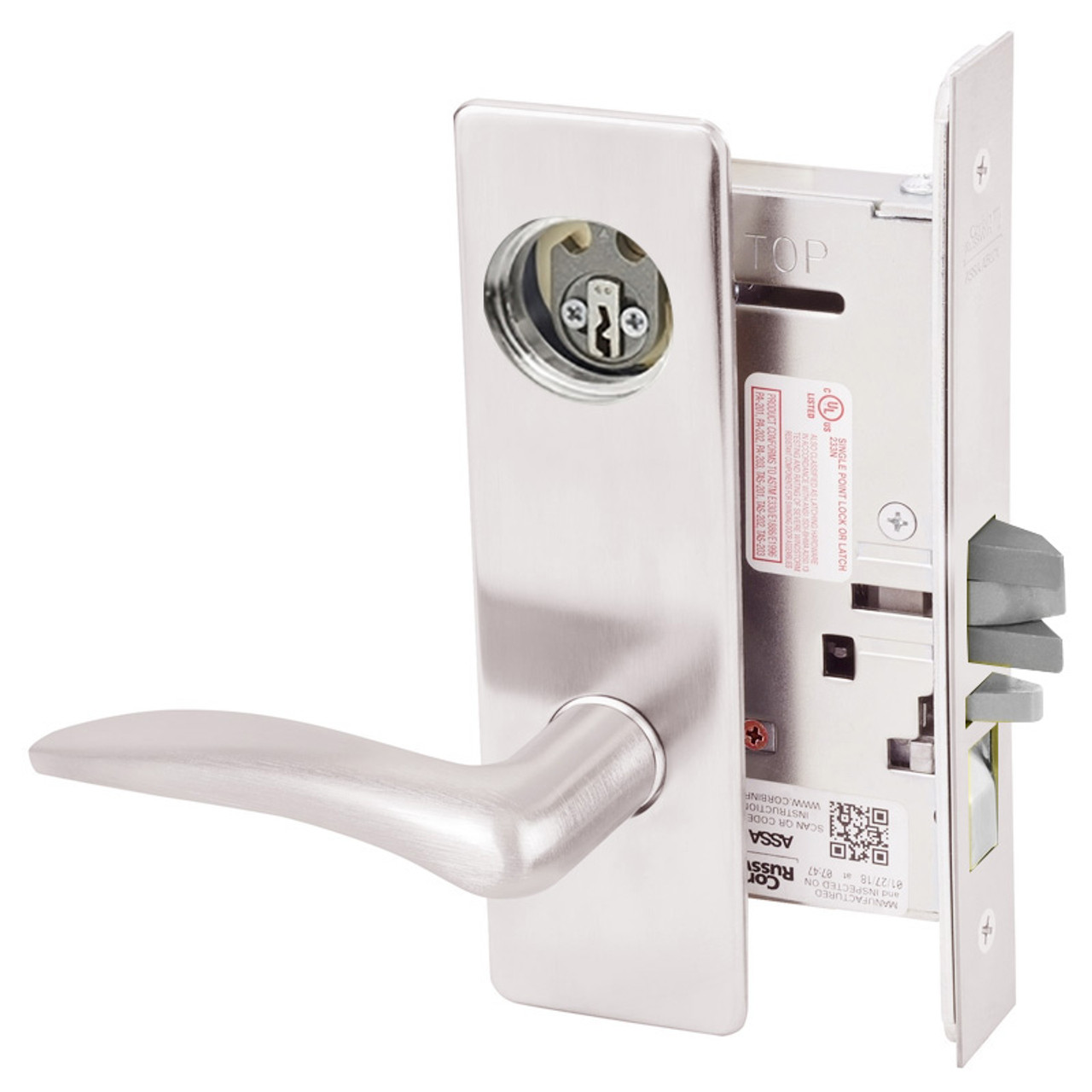 ML2052-DSM-629-CL7-RH Corbin Russwin ML2000 Series IC 7-Pin Less Core Mortise Classroom Intruder Locksets with Drike Lever in Bright Stainless Steel