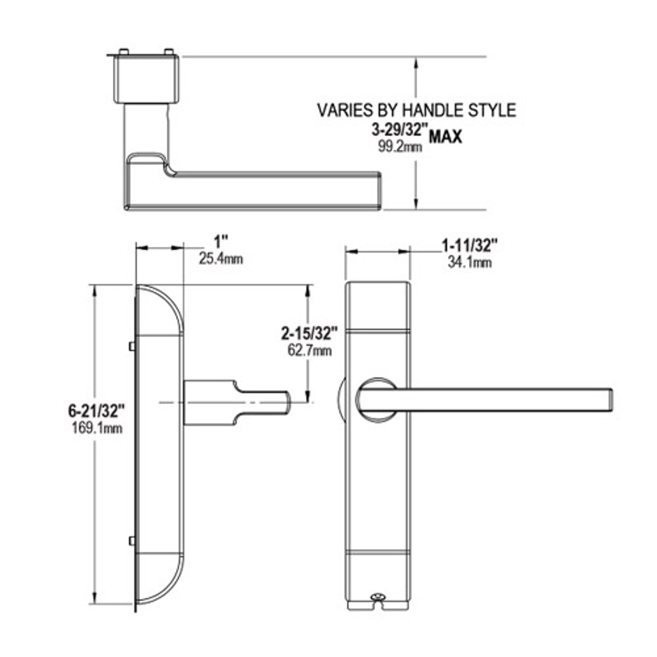 4600-MG-642-US32 Adams Rite MG Designer handle Dimensional View