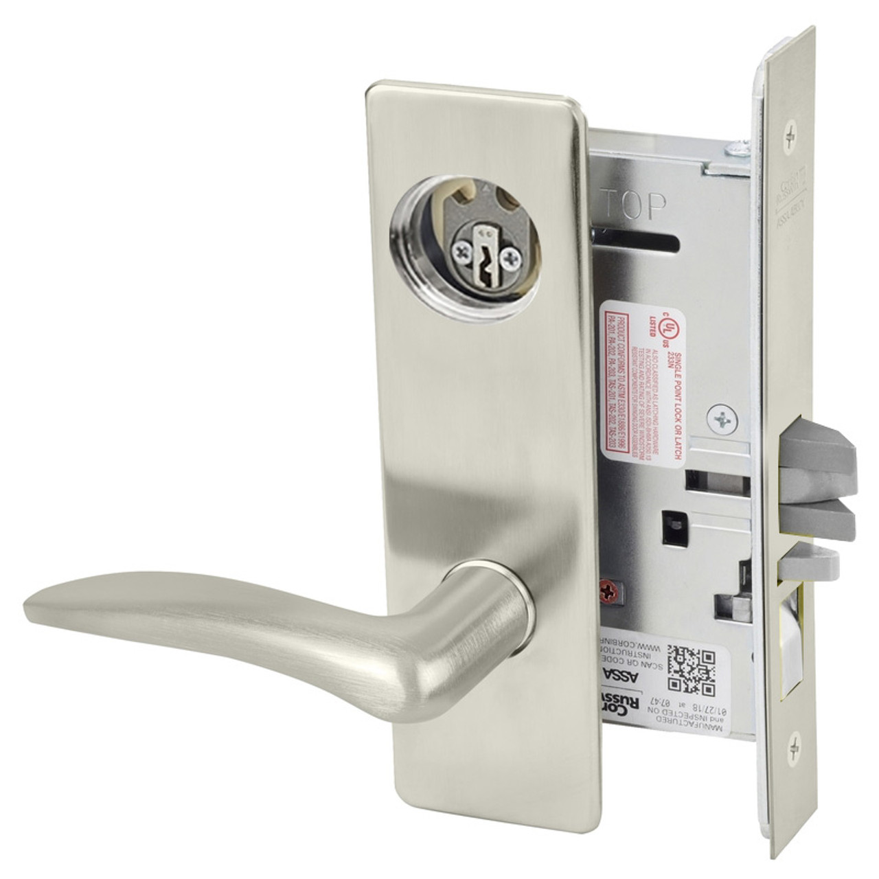 ML2055-DSP-619-CL7-RH Corbin Russwin ML2000 Series IC 7-Pin Less Core Mortise Classroom Locksets with Drike Lever in Satin Nickel