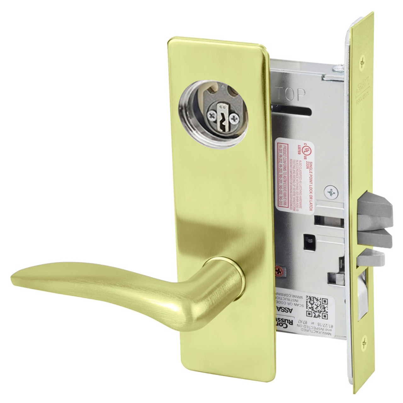 ML2067-DSP-605-CL6-RH Corbin Russwin ML2000 Series IC 6-Pin Less Core Mortise Apartment Locksets with Drike Lever in Bright Brass