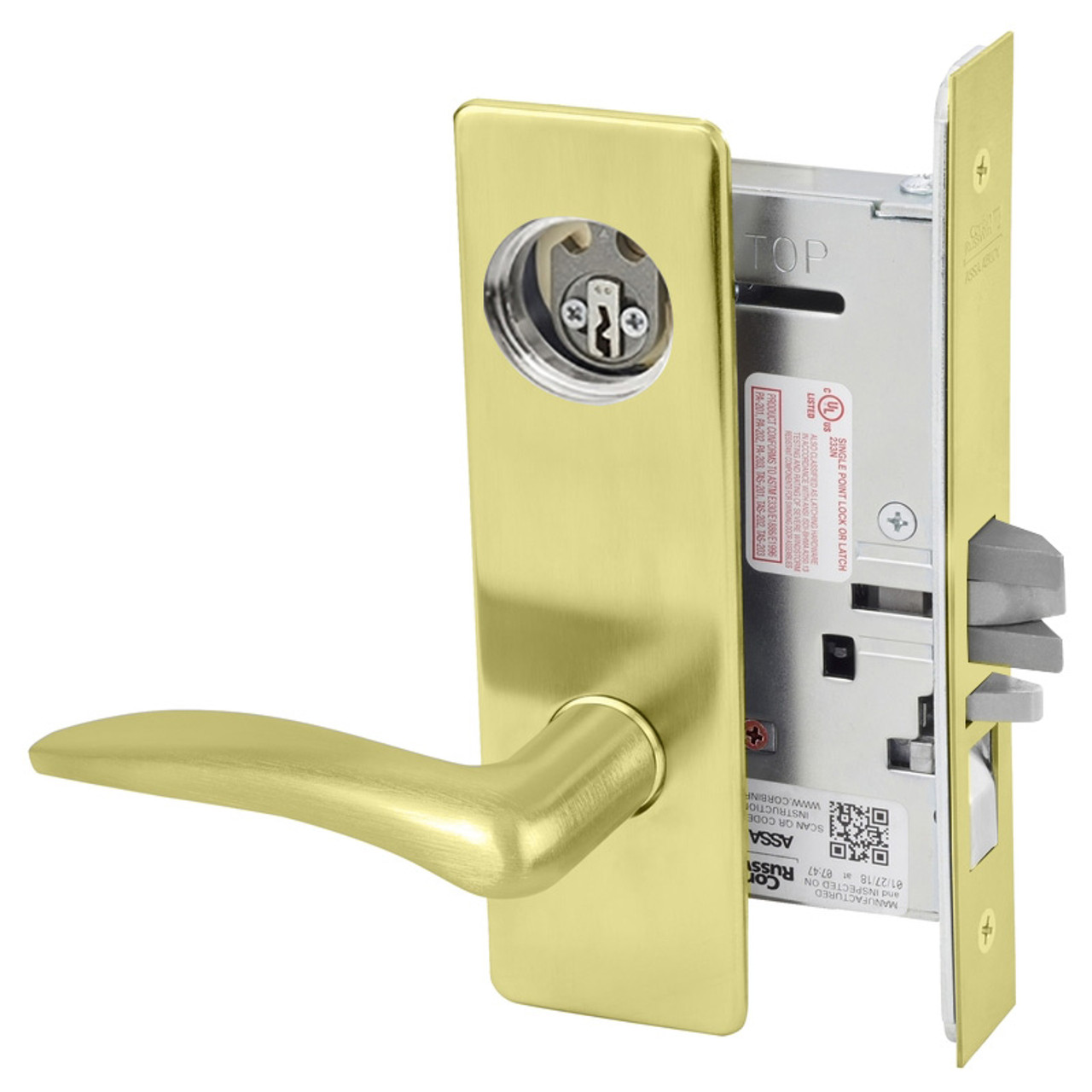 ML2067-DSP-606-CL6-RH Corbin Russwin ML2000 Series IC 6-Pin Less Core Mortise Apartment Locksets with Drike Lever in Satin Brass