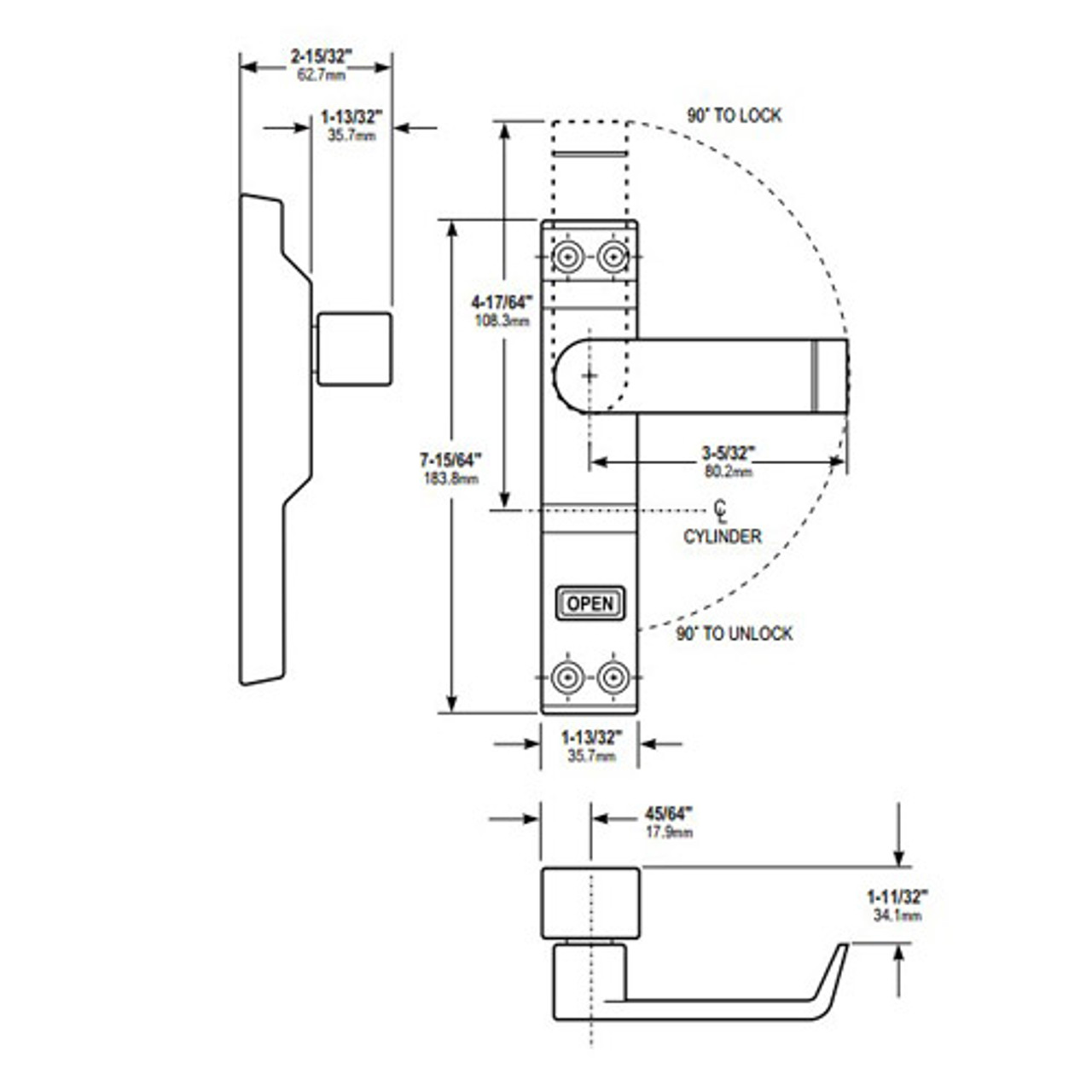 4550L-02-119 Adams Rite MS Deadlock Lever Dimensional View