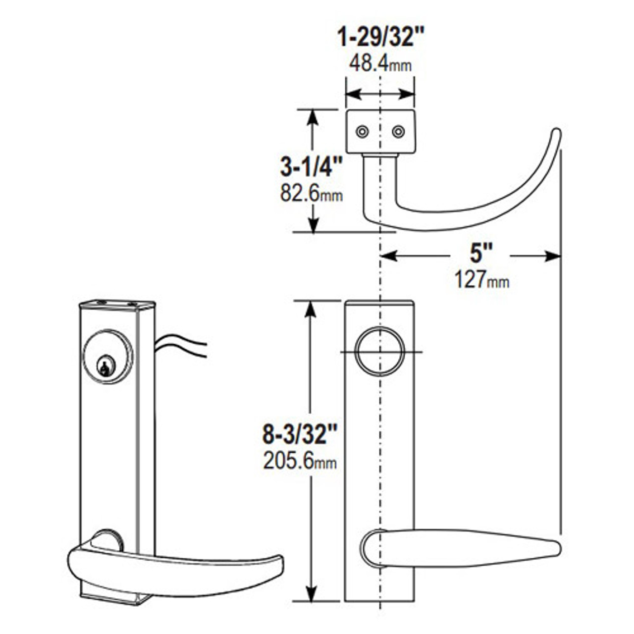 3080-01-0-34-US10B Adams Rite Standard Entry Trim Dimensional View