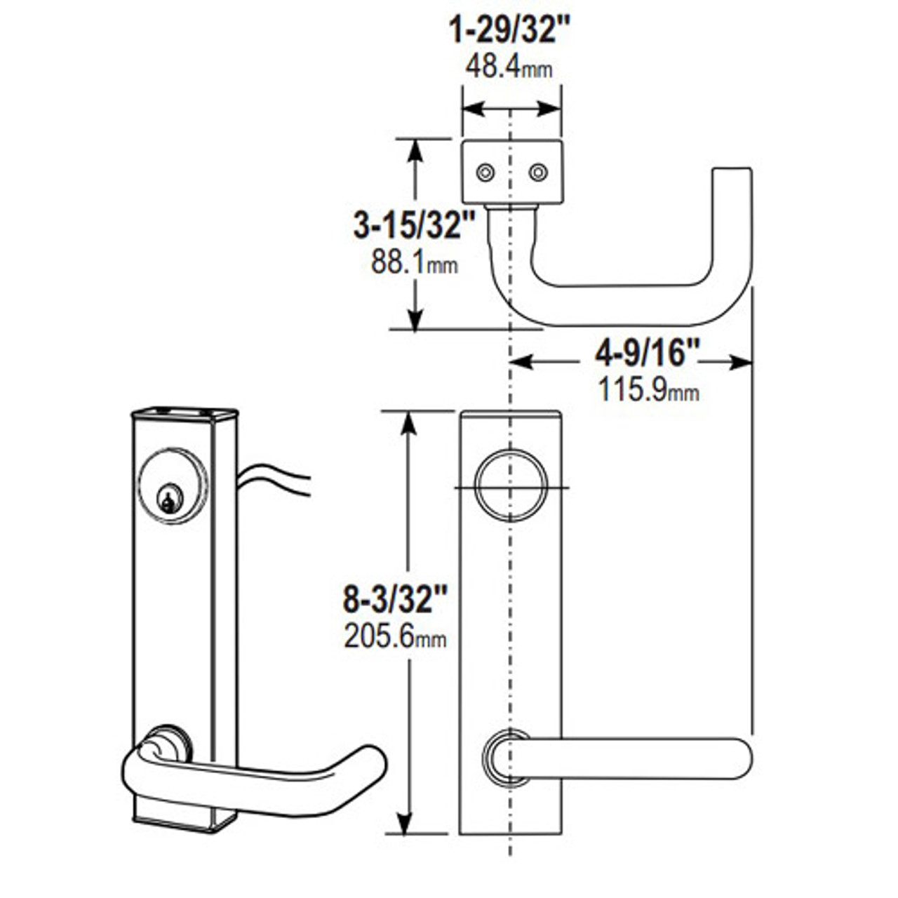 3080-02-0-31-US32D Adams Rite Standard Entry Trim Dimensional View