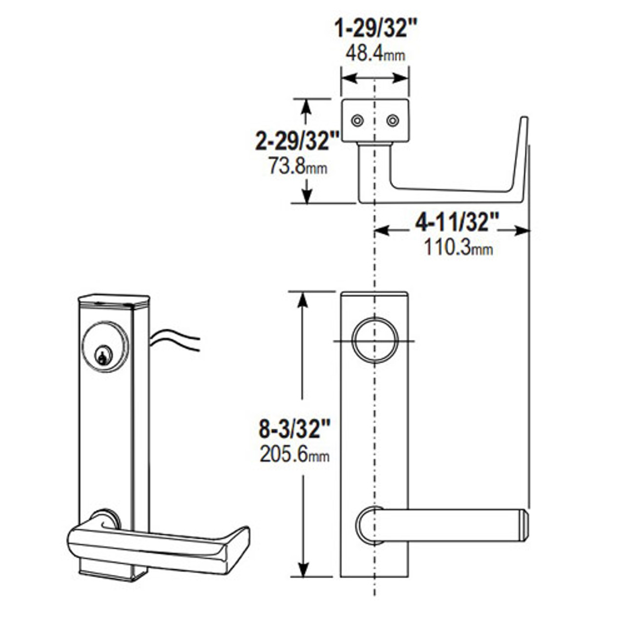 3080-03-0-33-US32 Adams Rite Standard Entry Trim Dimensional View