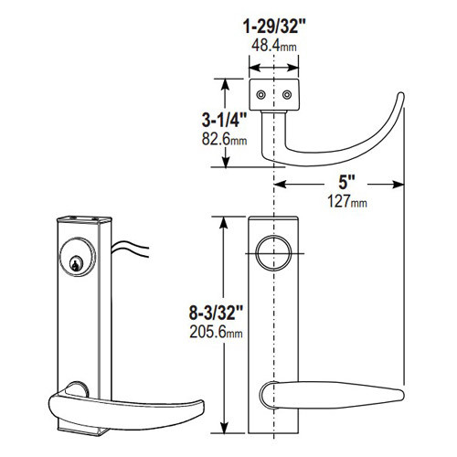 3080E-01-0-34-30 US32D Adams Rite Electrified Entry Trim Dimensional View
