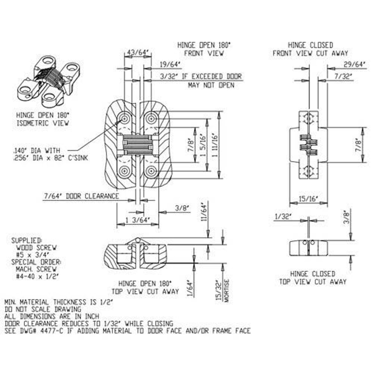 101SS-US32PB Soss Invisible Hinge Dimensional View