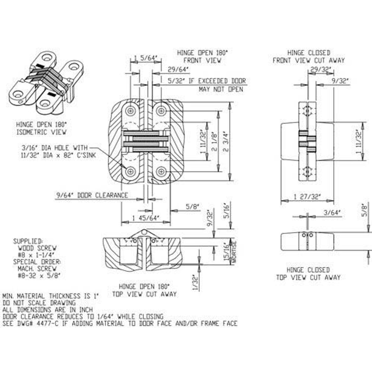 208SS-US32D Soss Invisible Hinge Dimensional View