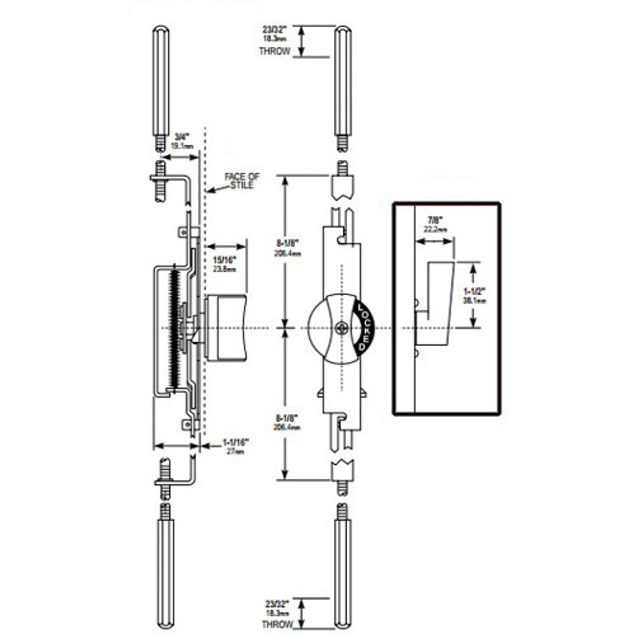 MS1880-01-121 Adams Rite Flushbolt Dimensional View